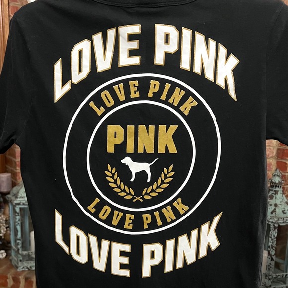 PINK Victoria's Secret Tops - PINK Victoria's Secret Black V-Neck Grommet Graphic Tee Gold Glitter Dog
